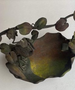 1900′ Corbeille A Fruit Bronze Patiné Art Nouveau, Grue Du Japon Et Nénuphars
